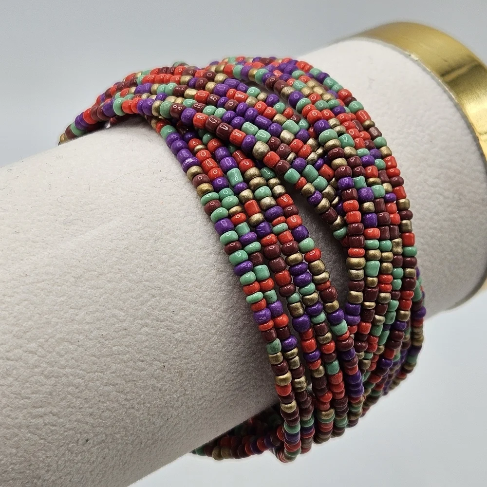 VINTAGE Woven Braided Multicolor Glass Seed Bead Boho Memory Wire Cuff Bracelet